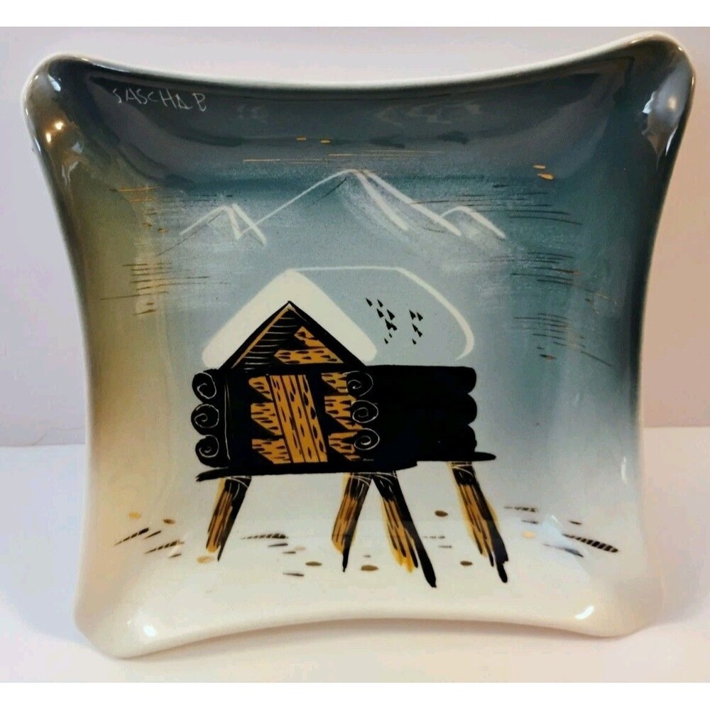 Vintage Sascha Brastoff Alaska Pottery Dish Signed Sascha B Log Cabin Teal